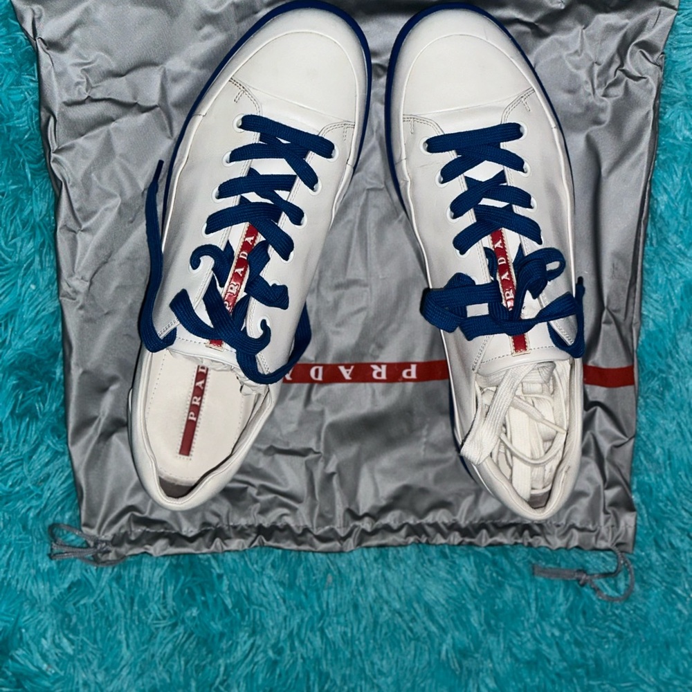 Prada Men's White Sneakers with Blue Accents